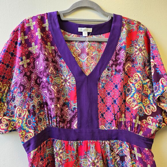 Garnet Hill Womens 12 Dressy Office Career Floral Silk Tunic Babydoll Top V-Neck - Picture 3 of 10